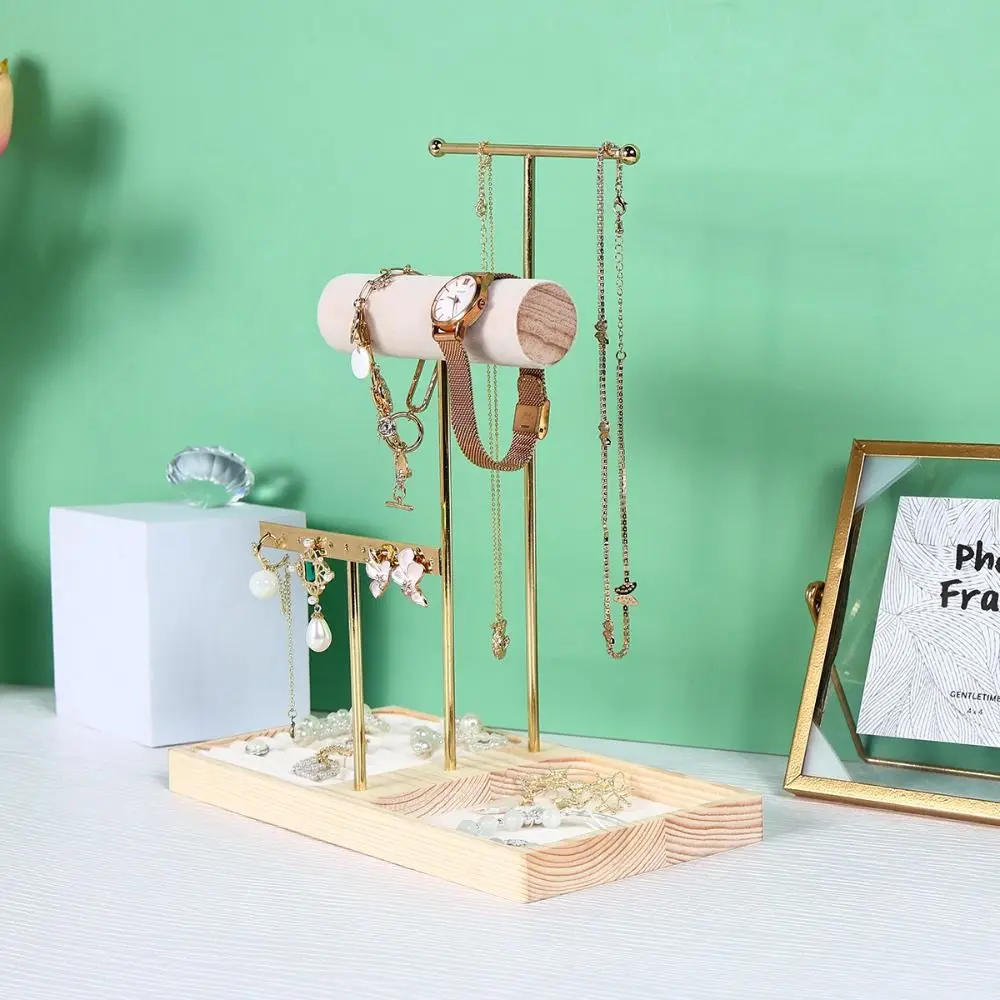 Simple Wood Necklace Holder Organizer Space Saving Sectioned Design Jewelry Rack Stand Earrings Bracelets T-shape