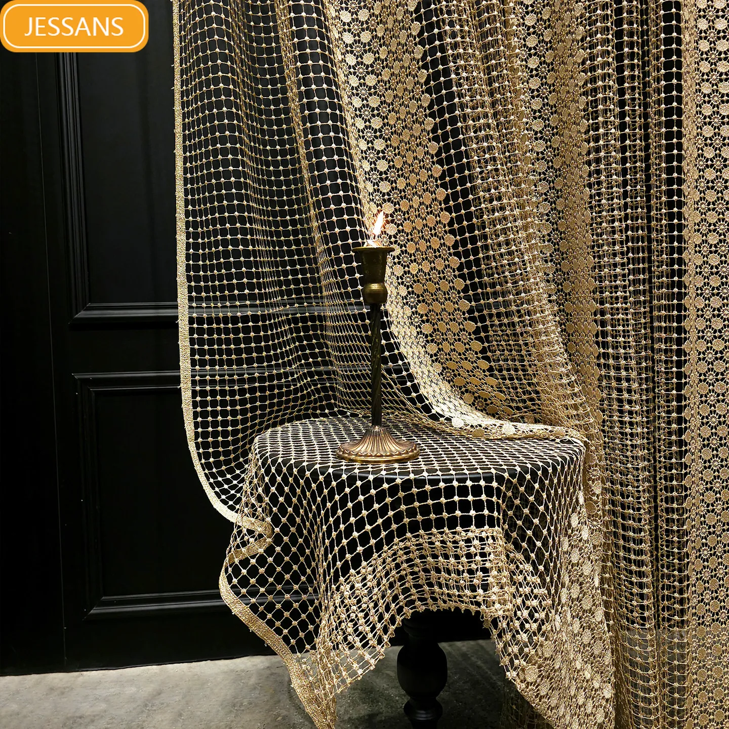 Embroidery Hollowed Out Gold Embroidered Window Screen Curtains for Living Room Bedroom French Window Balcony Customized