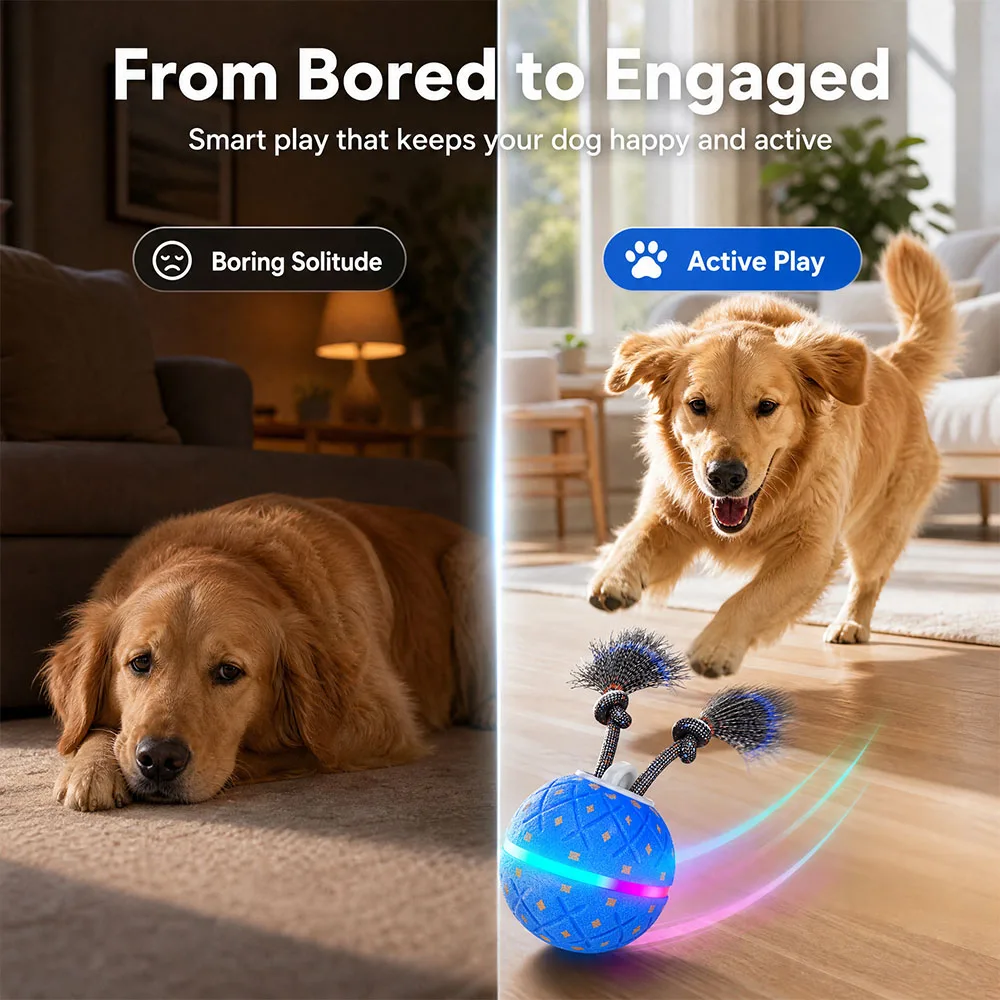 Interactive Dog Toy Ball with Rope, Auto Moving Bouncing Pet Ball RGB LED Light Bird Sound, E-TPU Bite Resistant Dog Chew Toy