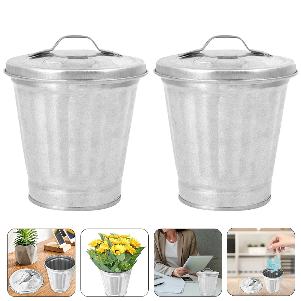 2pcs Indoor Planters Mini Metal Trash Can Lid Desktop Garbage Bin Small Waste Basket Vintage Farmhouse Flower Bucket Utility