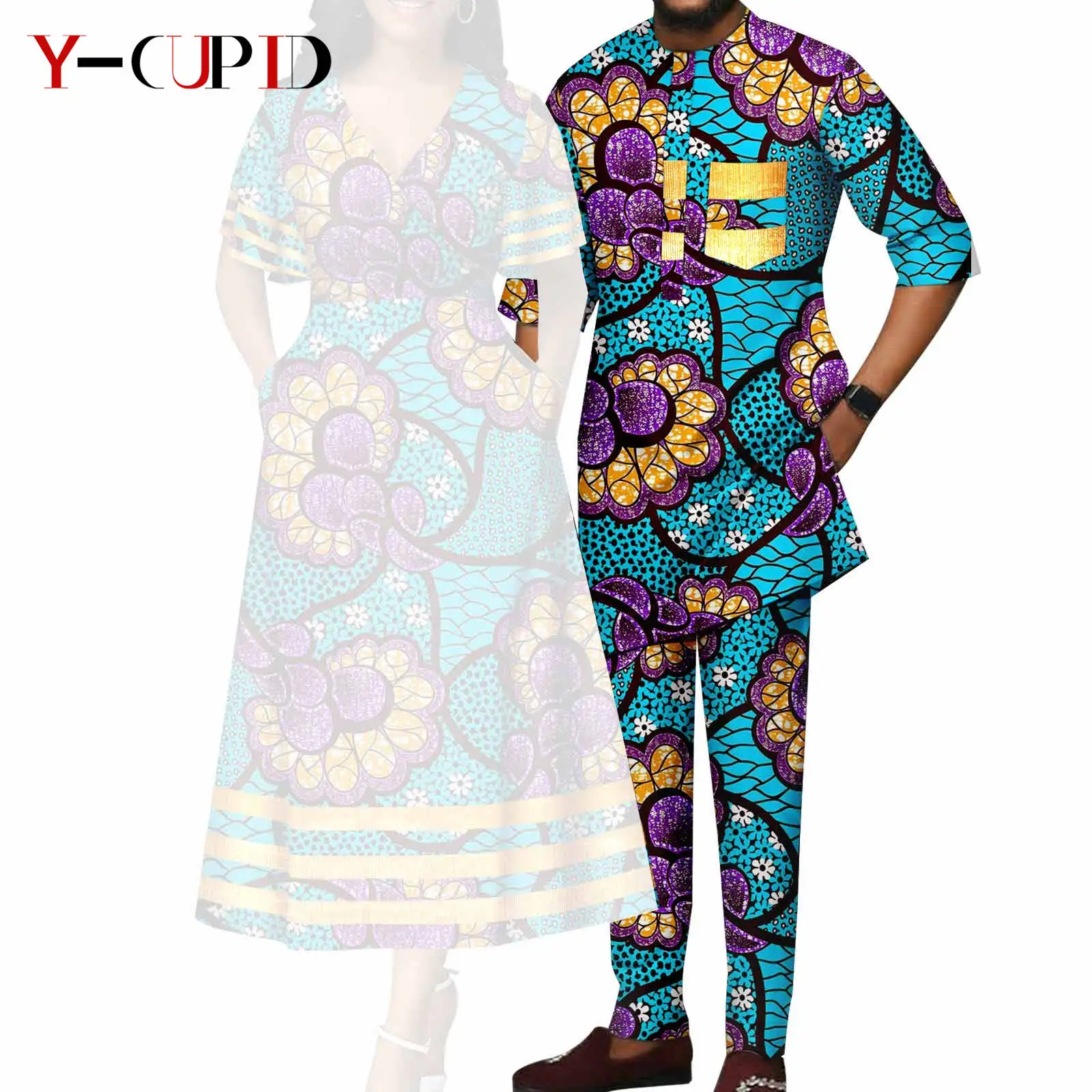 African Print V-neck Dresses for Women Couple Matching Men Outfits Top and Pant Sets Dashiki Bazin Riche Lover Outwear Y23C086