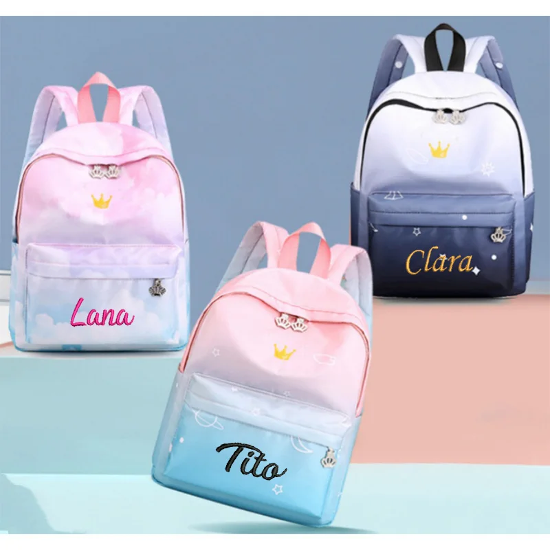 Embroidered Girls' Primary School Schoolbag Cute Large Capacity Backpack Name Customized Starry Sky Cloud Lightweight Gift Bag