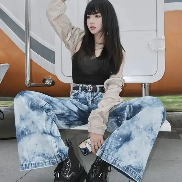 American Camouflage Wide-Leg Ripped Jeans Women'S Summer New Design High-Waist Jeans Loose Straight Trousers