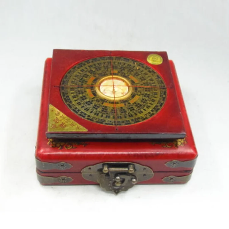 Exquisite Chinese Classical Copper Compass Fengshui with Wood Dragon Phoenix Leather Box and Brass Lock