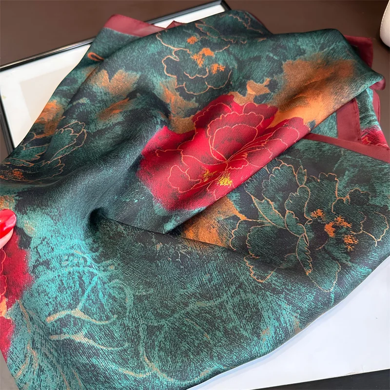 Women Vintage Printing 70X70cm Square Silk Scarf For 2024 New Spring Summer Lady Kerchief Luxury Hijab Hairband Foulard Ribbon