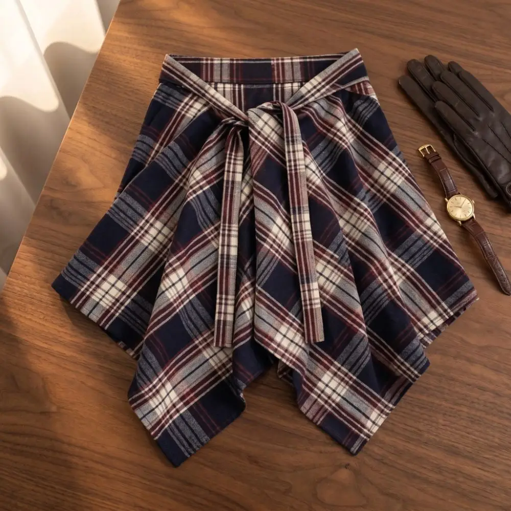 Y2K Irregular Plaid Skirt Hip-hop Underskirt Grid Wrap Skirt Lace Up Vintage Waist Seal Skirt Cool Girls