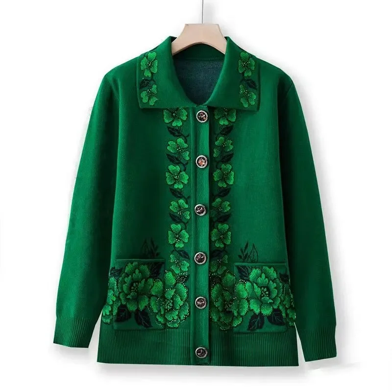 Grandma Knitted Cardigan Spring Autumn New Sweater Green Coat Square Collar Long Sleeve Cardigan Loose Top for The Elderly