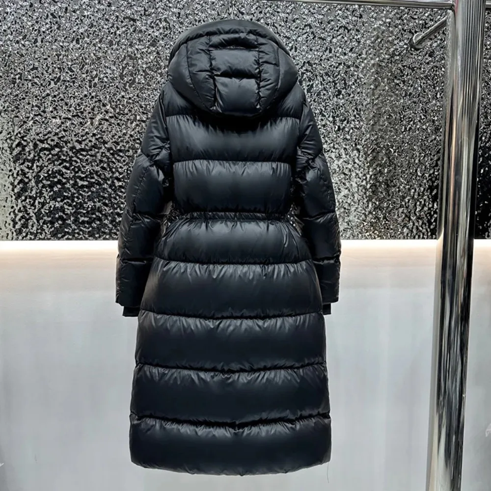 أسفل سترة الشتاء اضافية طويلة سترة منفوخة مقنعين 90% الأبيض بطة أسفل سترة المرأة سميكة جدا الدفء أسود لامع رقيق معطف #3