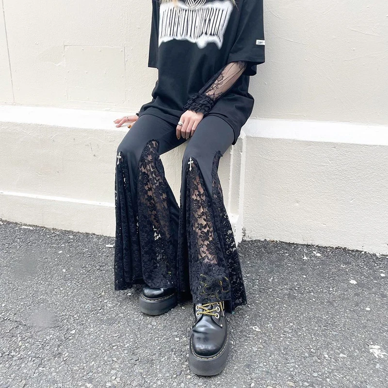 Subculture Gothic Black Lace Split Flared Pants Female Mining Low Waist Slim-Fit Fashion Punk Rock Trousers Autumn Gothic Pants