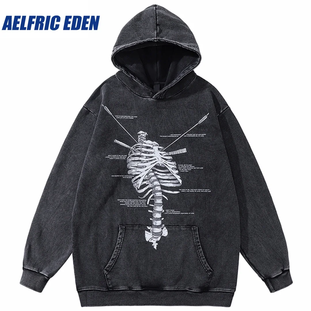 

Aelfric Eden Skeleton Graphic Hoodie Streetwear Hiphop Oversized Hoodie Sweatshirt Retro Washed Cotton Men Hooded Loose Pullover