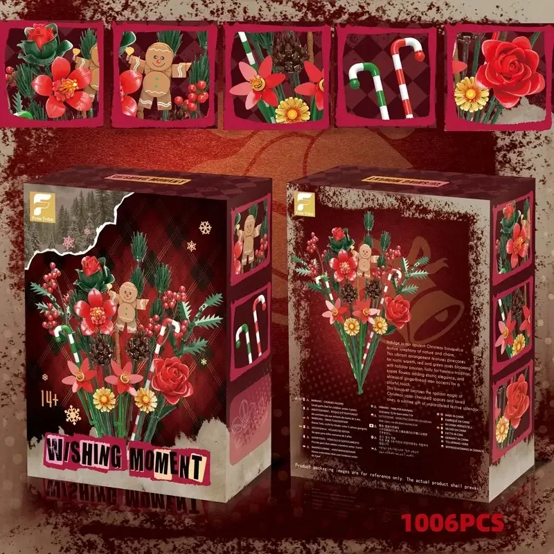 

865PCS Christmas Bouquet Building Block Toy Set Gingerbread Roses Chrysanthemums Model Bricks Home Living Room DIY Decor Gift