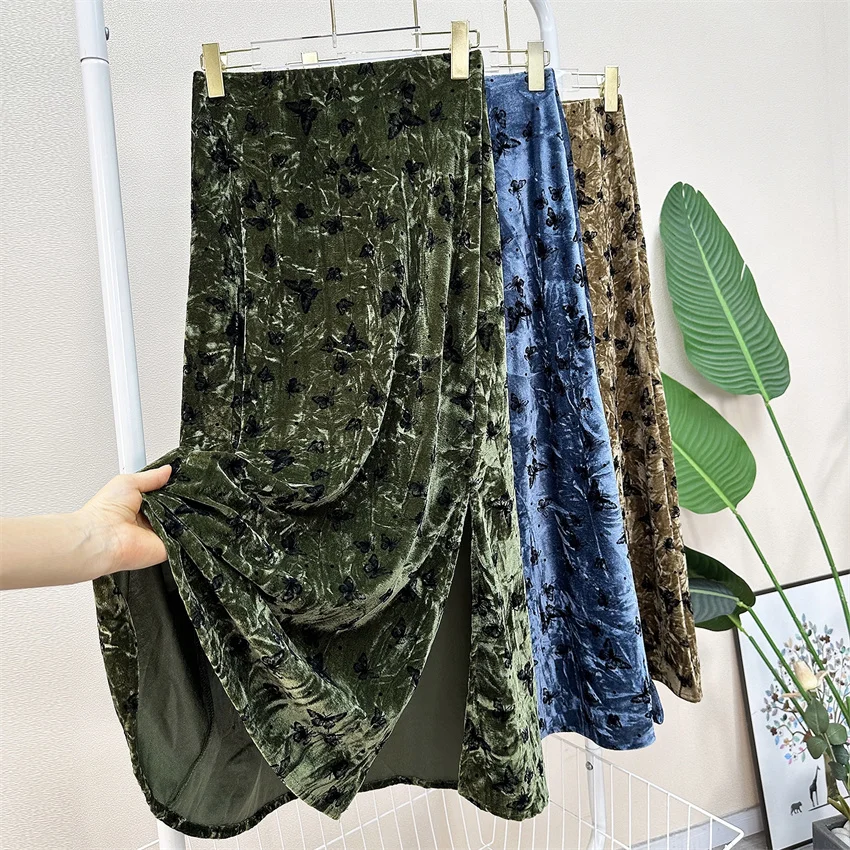 Gowyimmes 2025 New Big Size Vintage Fashion Women Midi-Long Gold Velvet Skirt Slim Lady Print Skirts Split Bottomings PD1849