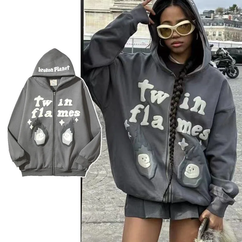 

Foam Printed Zipper Hoodies Fashion Loose Couples Hooded Sweatshirt Men Women Streetwear Hip Hop Hoodie Cardigan Sports Jacket