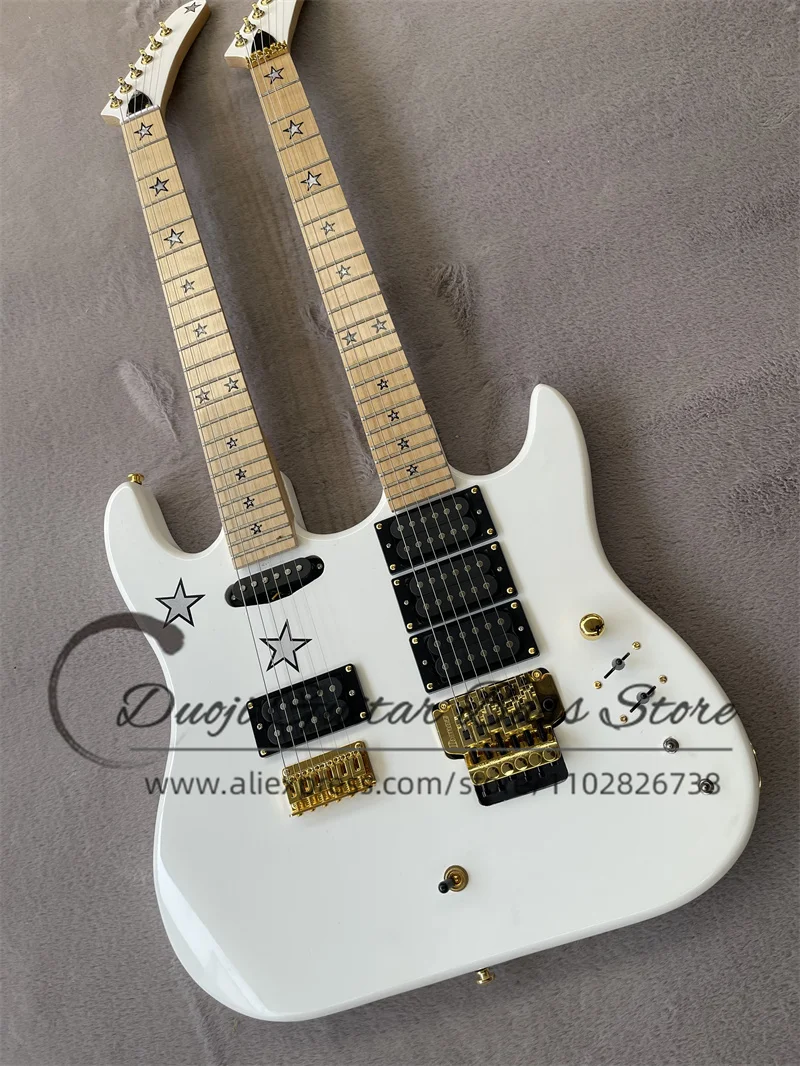 Double Neck guitar White body Maple fingerboard stars inlaid gold Tremolo bridge HHH pickup Kra Gitta factory custom