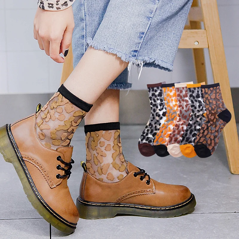 Sexy Lace Mesh Fishnet Socks Mixed Fiber Transparent Stretch Elasticity Ankle Net Yarn Thin leopard Women Cool Socks 1pair=2pcs image 2
