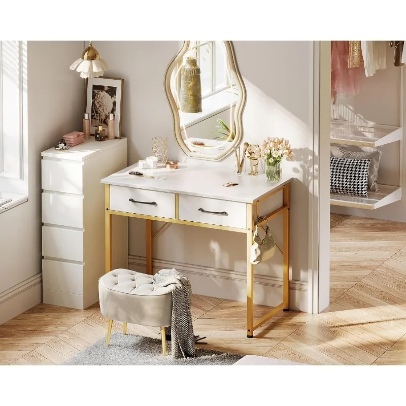 Vanity Desk Without Mirror, Makeup Vanity with 2 Fabirc Drawers,Vanity Dressing Vanity Table with Versatile Hook, 40 Inch