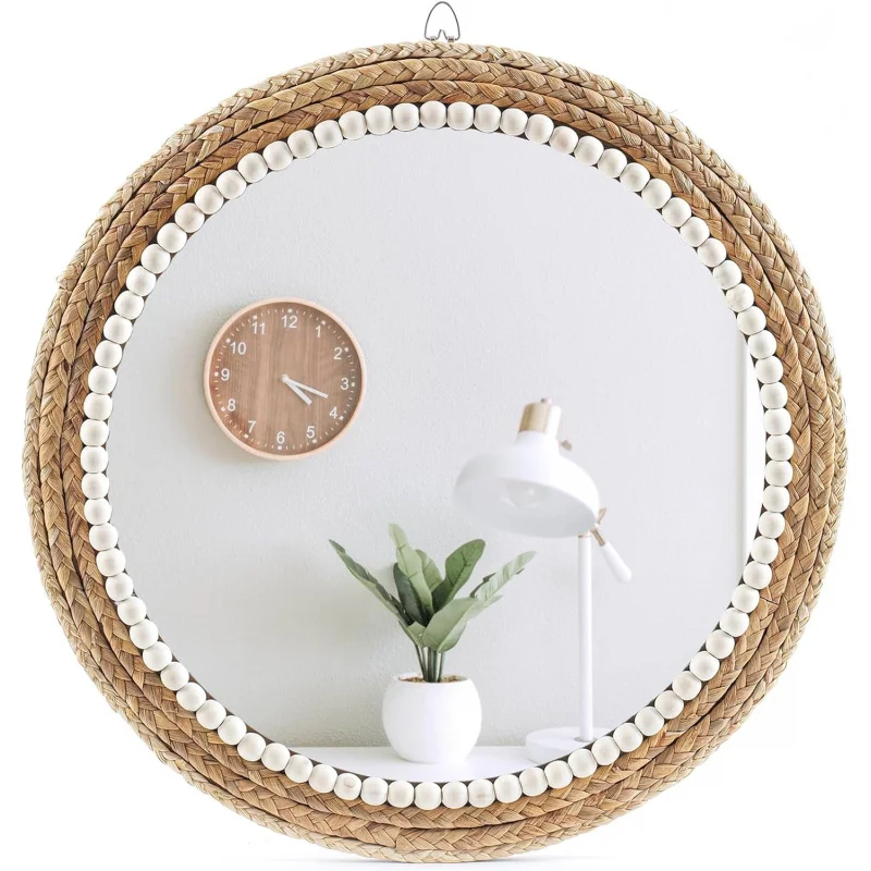 

18 Inch Boho Wall Mounted Mirror,Decorative Round Rattan Hanging Wall Mirror，Suitable Farmhouse, Living Room, Bedroom and Ba