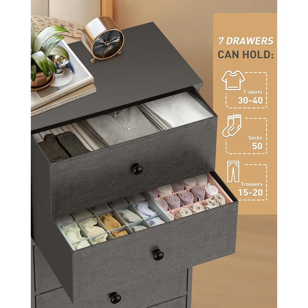 خزانة قماش طويلة لغرفة النوم، برج منظم تخزين عمودي مع 7 أدراج، خزانة ذات أدراج مع صناديق، إطار فولاذي، خشب