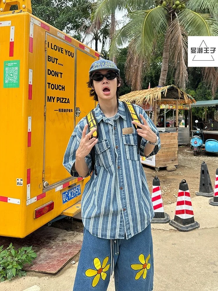 مدينة بوي شيك العصرية الدنيم السراويل خمر الأزهار طباعة Capris مثير الشارع الشهير الصيف السراويل الأزرق السفر الأزواج للجنسين السراويل