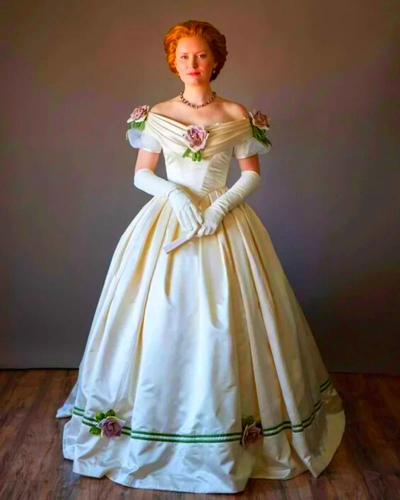 

Historical Victorian Corset Prom Dress Off Shoulder Floral Pleats Satin Evening Gown Zipper Back