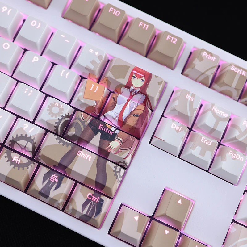 108 Keys/set Steins Gate Makise Kurisu Keycap PBT Dye Subbed Backlit Keycaps Anime Gaming Key Caps For ANSI 61 87 104 108