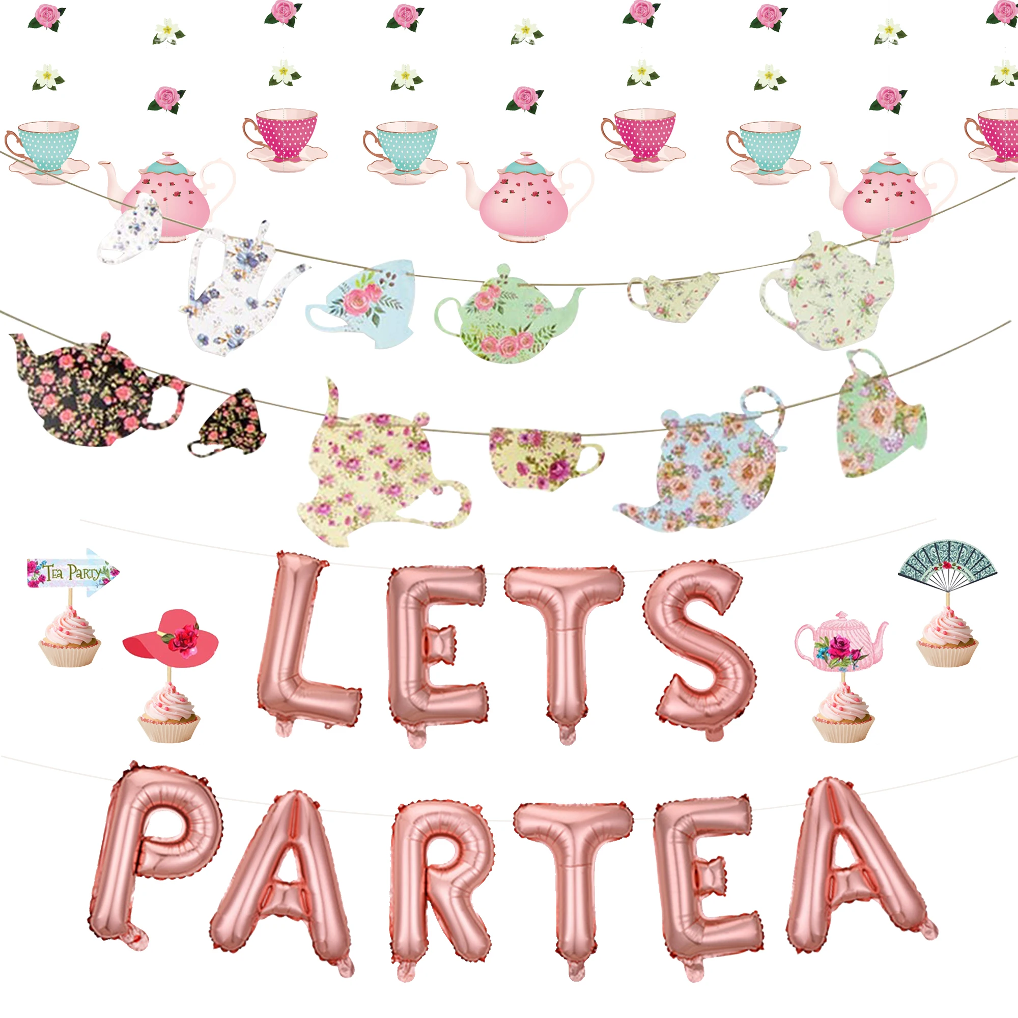 Let's Par Tea Balloon Banner, Tea Party Decorations with Roses, Teapot, Cup Ornament, Birthday, Bachelorette Party Supplies