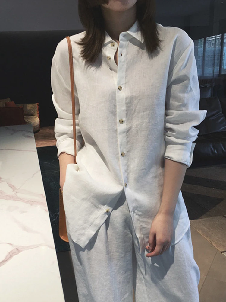 Autumn Women Shirt White Cotton Linen Blouse for Female Basic Brief Long Sleeve Loose Button Up Shirts Soft Blouse Tops