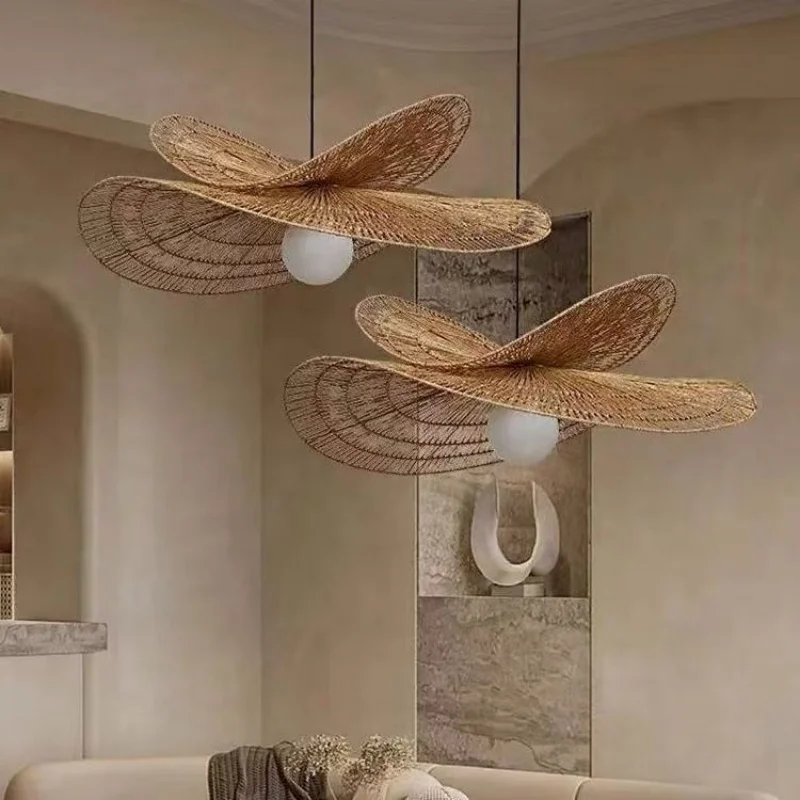 Wabi-Sabi Retro Japanese-style Homestay Living Room Bedroom Woven Lamp Chinese Restaurant Hotel Straw Hat Pendant Light