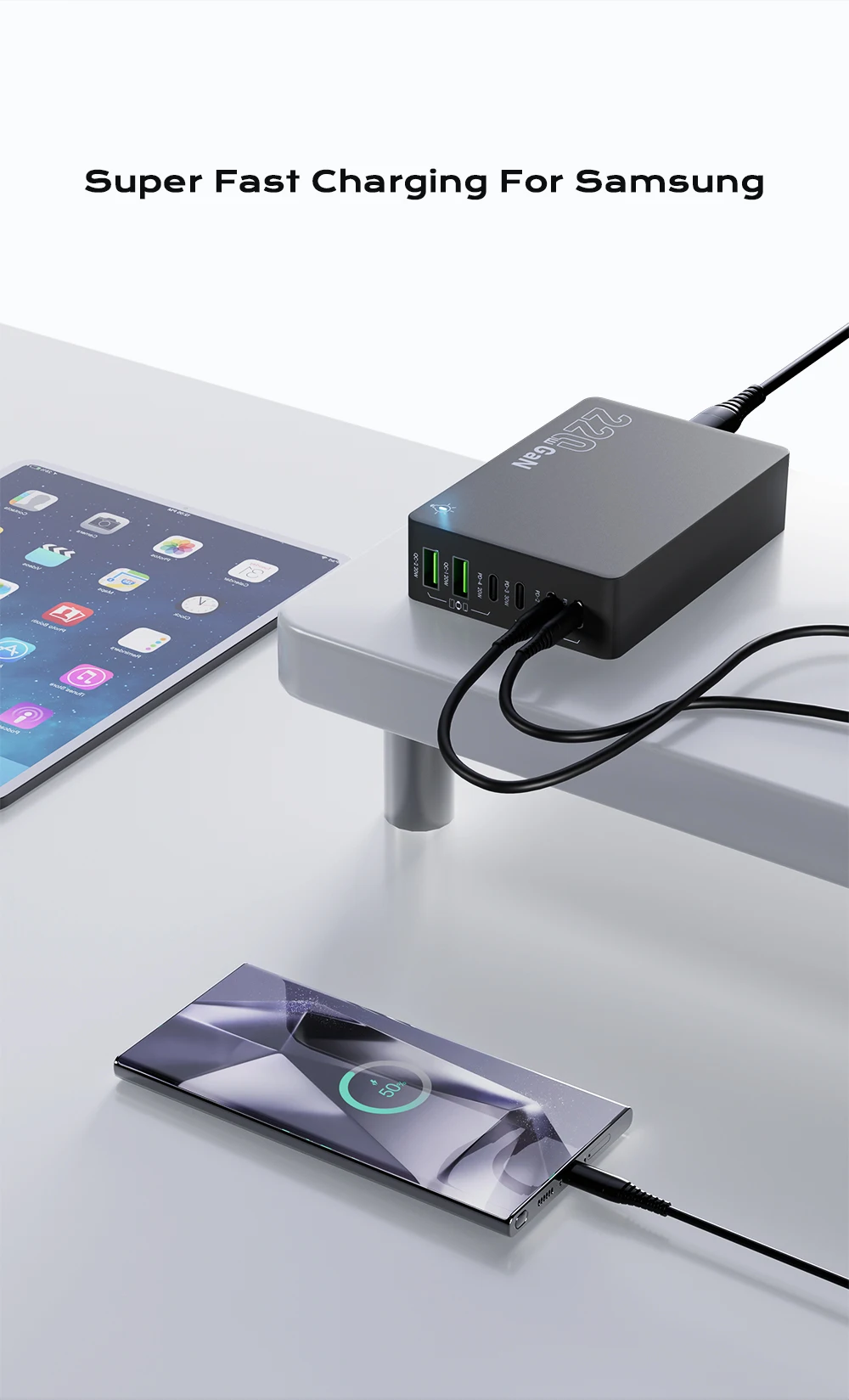 220W GaN Desktop-Ladegerät mit 6 Anschlüssen, PD 100W USB Typ C QC 3.0 Schnellladestation für iPhone 17 Pro, Tablet, MacBook, Samsung Laptop – Detail 5