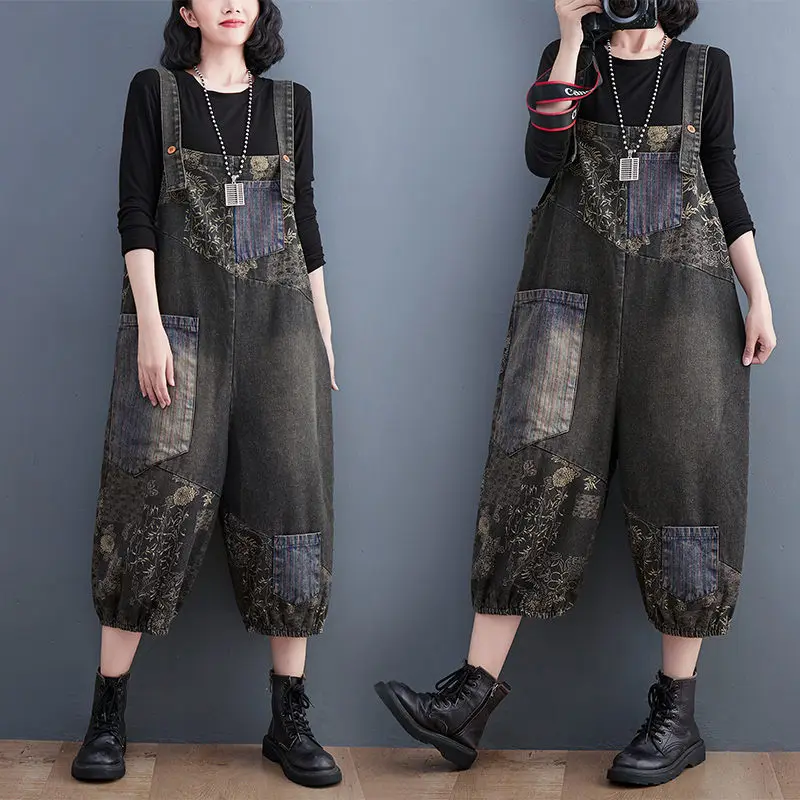 Literary Retro Print Stitching Denim Overalls Women's Spring Autumn Loose Harem Seven-Point Jumpsuit Trend Crop Strap Jeans T466