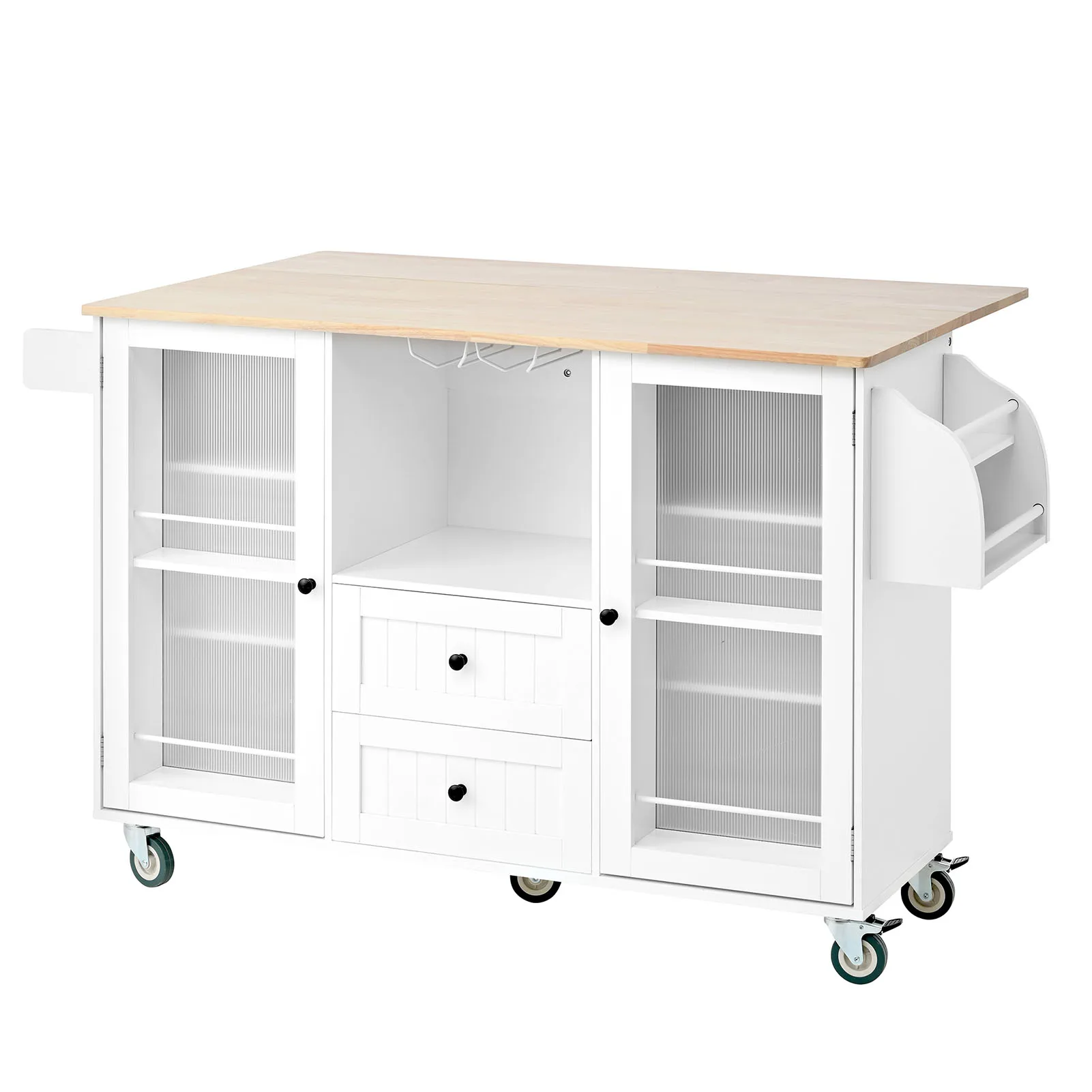 جزيرة المطبخ البيضاء مع طاولة دوارة على عجلات مع شريط أوراق الشجر على سطح الطاولة ورف تخزين مفتوح وجزيرة المطبخ المتدحرجة