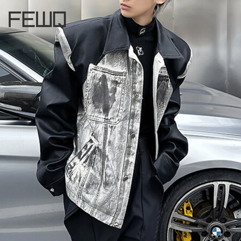 FEWQ PU Leather Patchwork Men's Denim Jackets Hand Painted Lapel Contrast Color Shoulder Padded Washing Male Coats New 24K1125