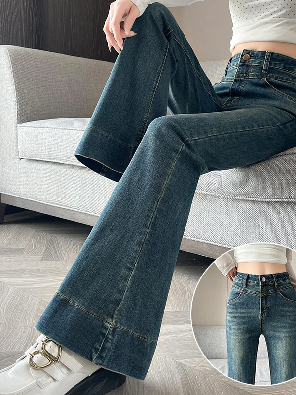 

Джинсы-клеш с высокой талией для женщин, весна-осень, ретро, стройнящие, маленький размер, не требующие сочетания с леггинсами, повседневные джинсы с высокой талией