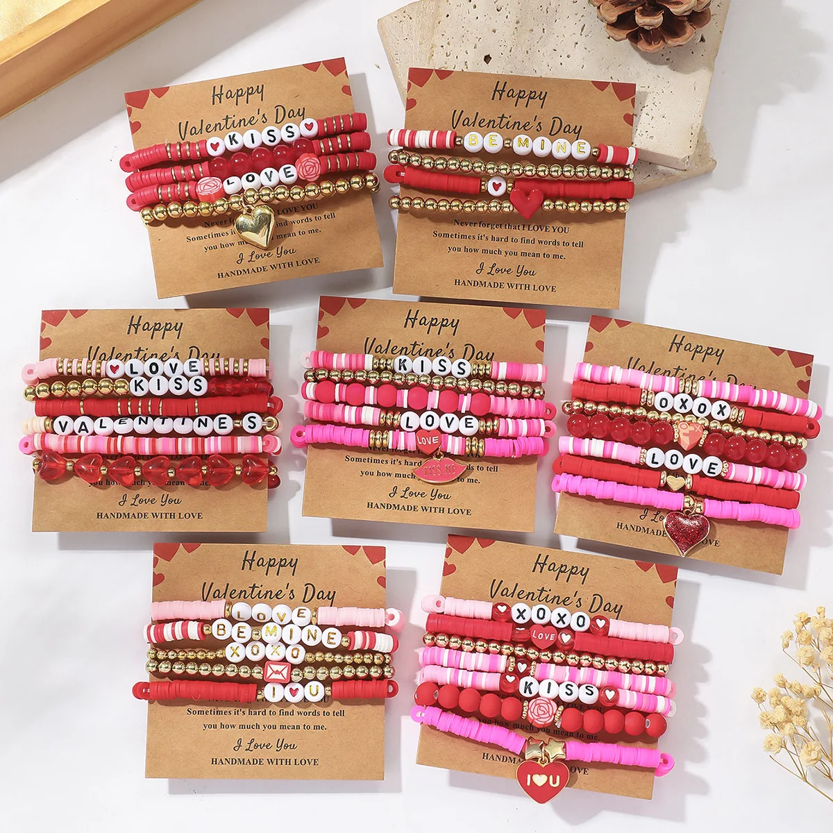 

Valentine's Day LOVE Bracelet Multi-Layer Couple Pink Heart Bracelet Soft Clay Beaded Stretch Bracelet