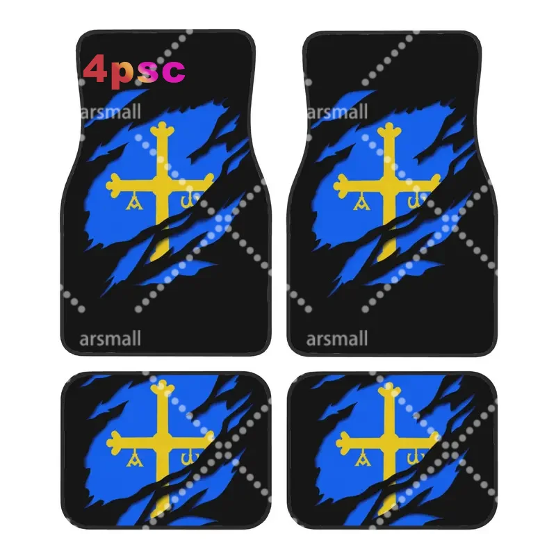Asturias Flag And Coat Of Arms 4PCS Crystal Velvet Car Floor Mats Set Universal Front Rear Foot Mats Spain Car Protection Mat