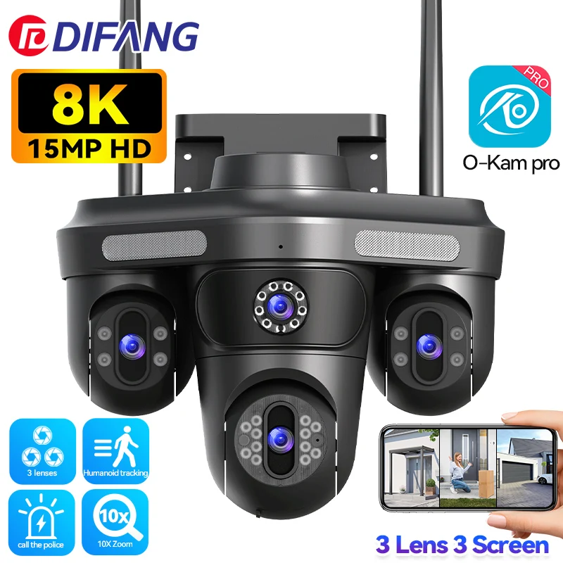 

8K 15MP WiFi Security Camera 360° 10X Zoom CCTV Three Lens Three Screen Waterproof PTZ Surveillance Outdoor External IP Camera