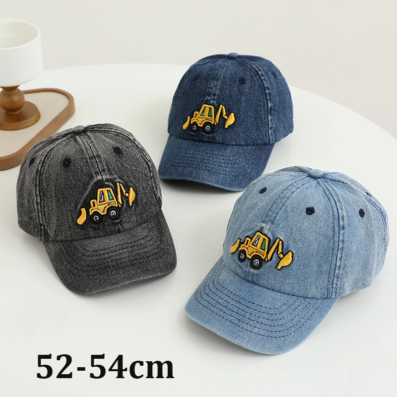 Fashion Denim Baseball Cap for Boys 3-8Years 52-54cm Cute Cartoon Excavator Trucks Embroidery Boy Caps Spring Autumn