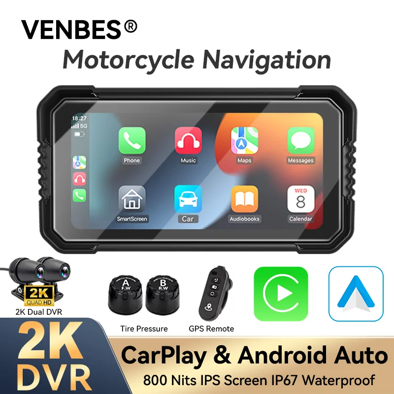 

VENBES Motorcycle GPS Navigation 6.25" Wireless Carplay Android Auto Portable Waterproof Screen Bluetooth TPMS WIFI
