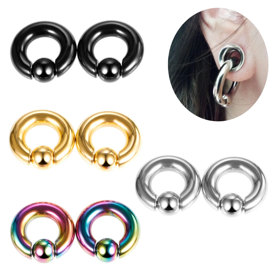 1pcs Punk Stainless Steel Captive Hoop Rings BCR Eyebrow Tragus Ear Piercing Nose Closure Nipple Bar Lips Large Body Jewelry