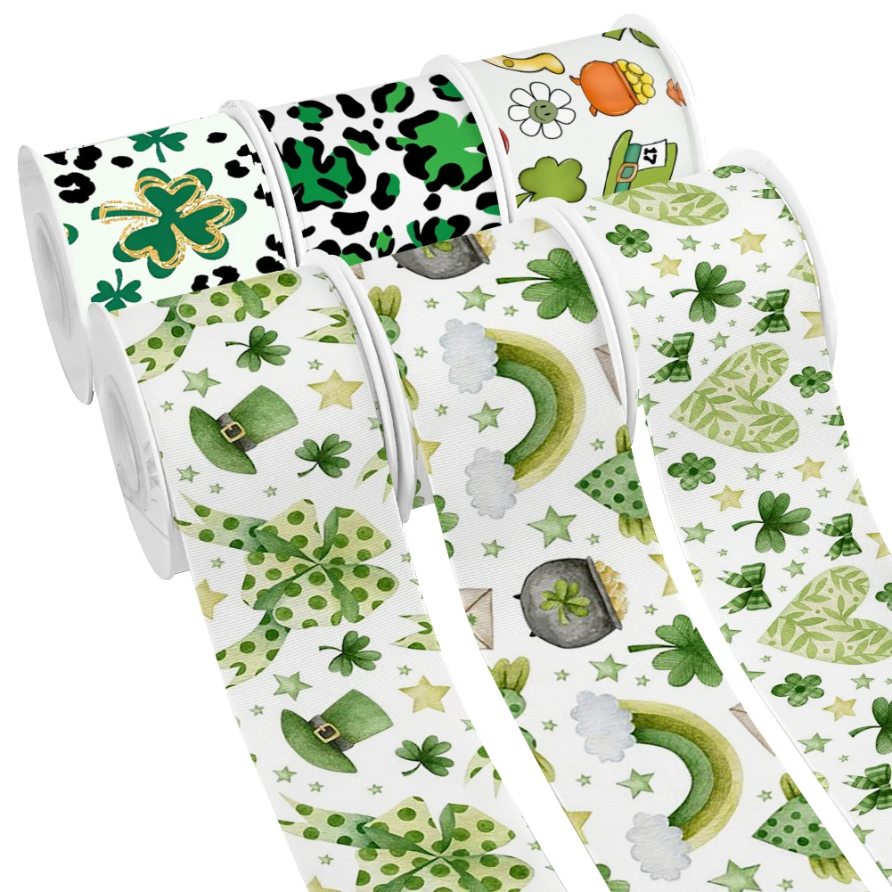 Saint Patrick's Day Theme Four Leaf Clover Design Printed Grosgrain Satin Ribbon for Gift Wrapping Hair Bow 50 Yards