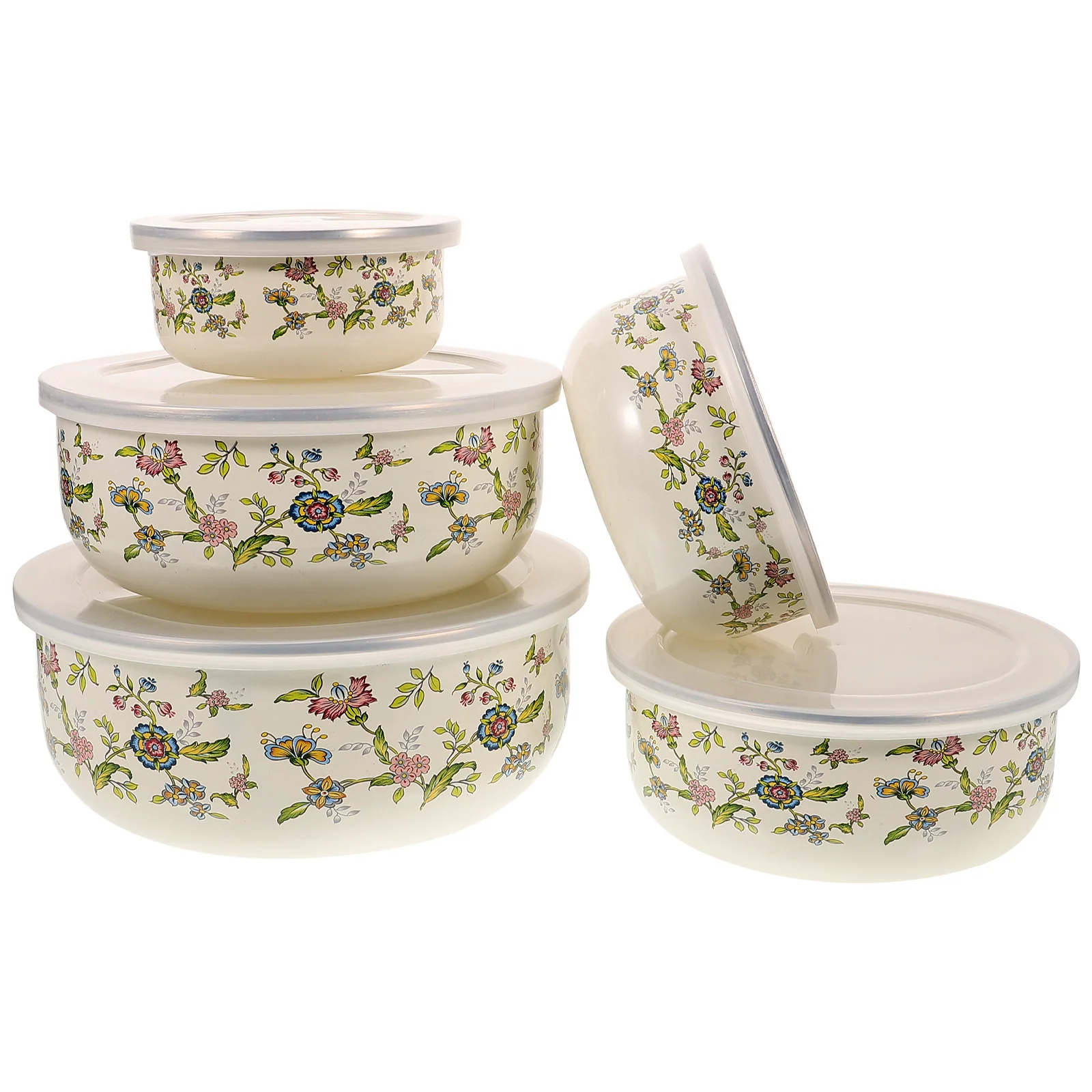

5 Pcs Enamel Bowl Salad Serving Mixing Bowls Lids Large Nesting Red Thick Bottom Stable Storage Freshness Seal Fruit Bowl Set