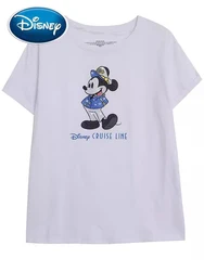 Disney Mickey Mouse Cruise Cartoon Print Diamonds T-Shirt Fashion Women O-Neck Pullover Short Sleeve White Tee Tops Female