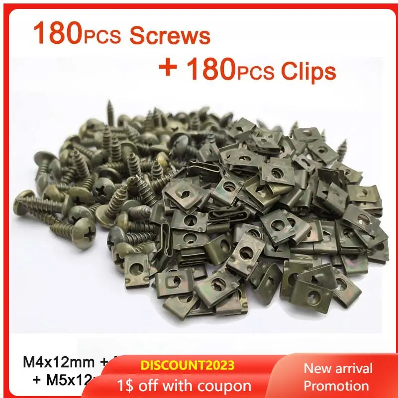 All 180 sets Motorcycle Screws and clips for Car Scooter Ebike Plastic Cover Metal Retainer Self-tapping Screw U type Clip M4 M5