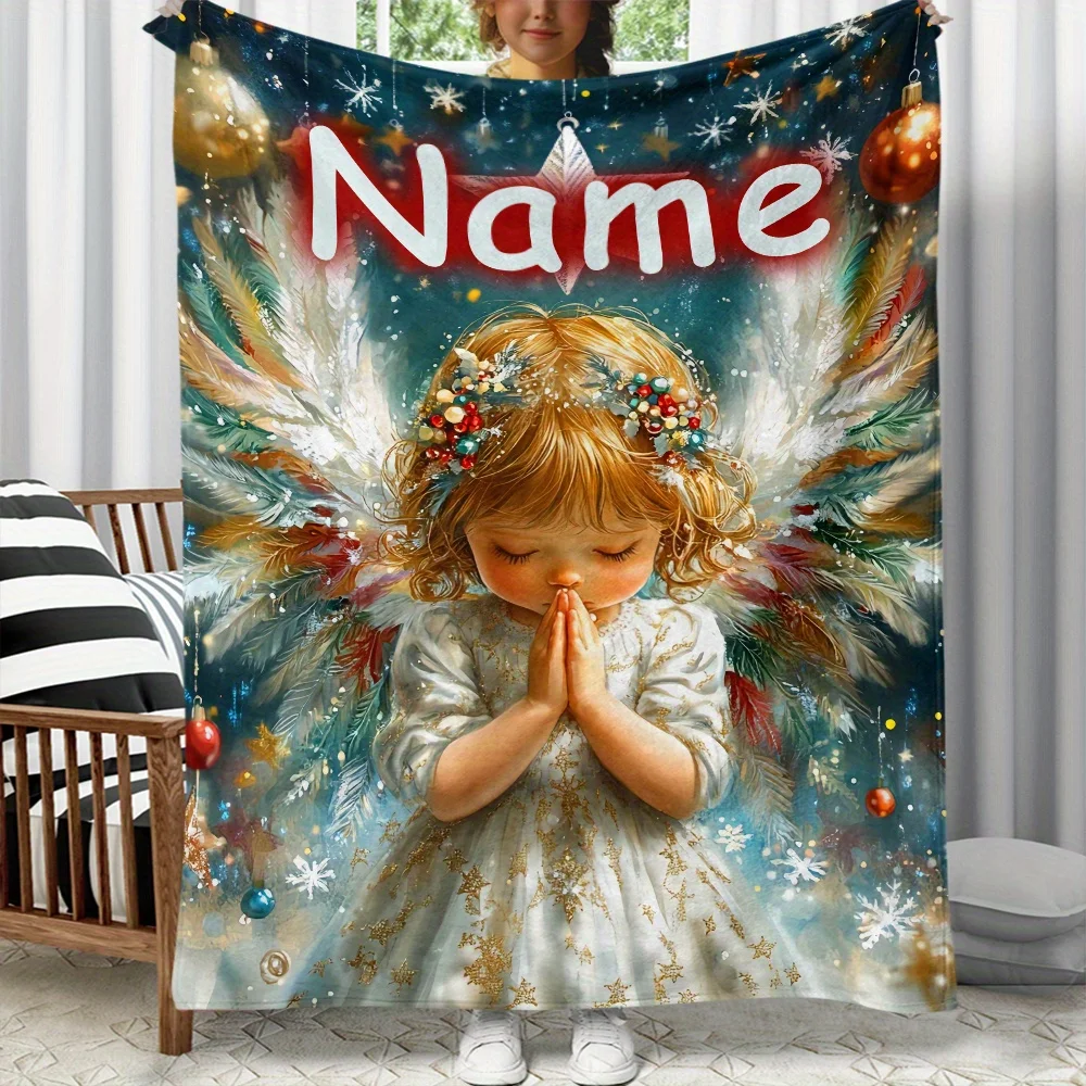 Custom Name Angel Blanket  Soft Warm Flannel Throw with Serene Angelic Design Durable for Sofa, Bed, Travel
