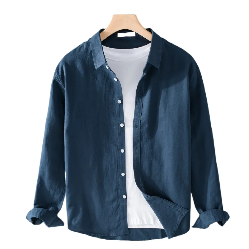 

Мужская модная деловая удобная облегающая рубашка из хлопка и льна в британском стиле, молодежная льняная рубашка для работы и отдыха, универсальная дышащая рубашка