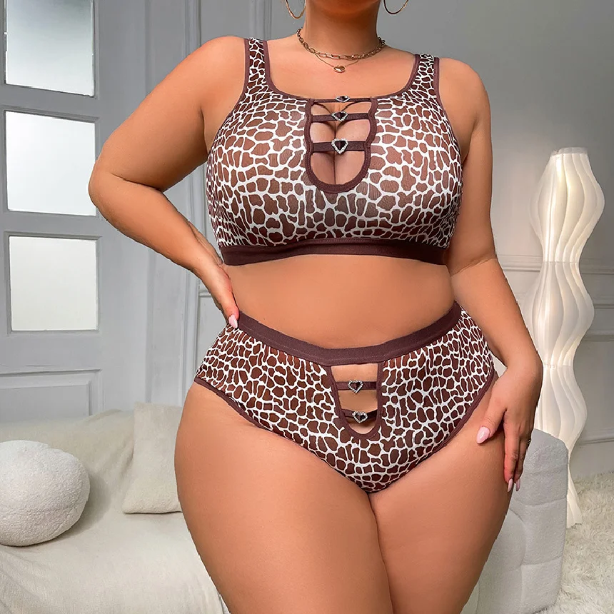 

plus Size Gathered Underwear Set Women's French Leopard Print Sexy Bra Ensemble for Deformation Reduction And Gathered Effect