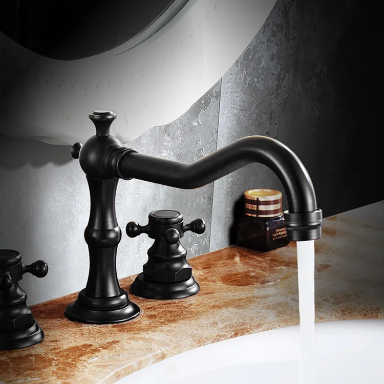 Antique Brass Black Bathroom Sink Faucet Hot Cold Water Mixer Tap Two Handle Three Piece Set