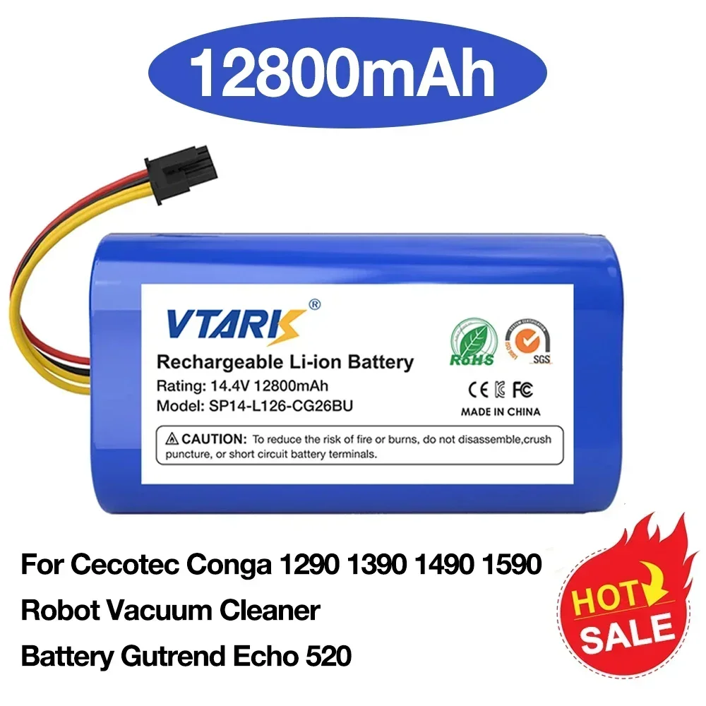 

2024 NEW 14.4V 12800mAh Lithium-ion Battery For Cecotec Conga 1290 1390 1490 1590 Robot Vacuum Cleaner Battery Gutrend Echo 520