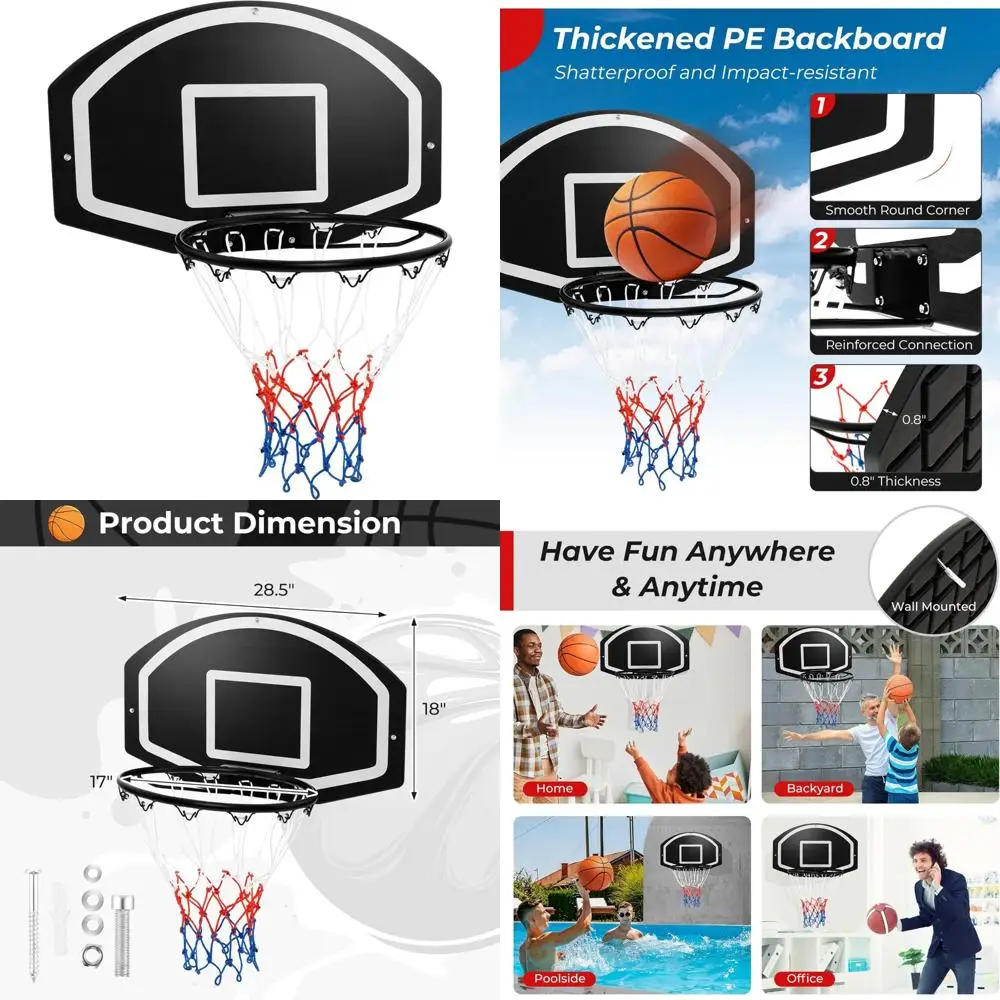

all-weather wall-mounted basketball hoop with 28.5" x 18" shatter-proof backboard and 17" rim for doorway installation