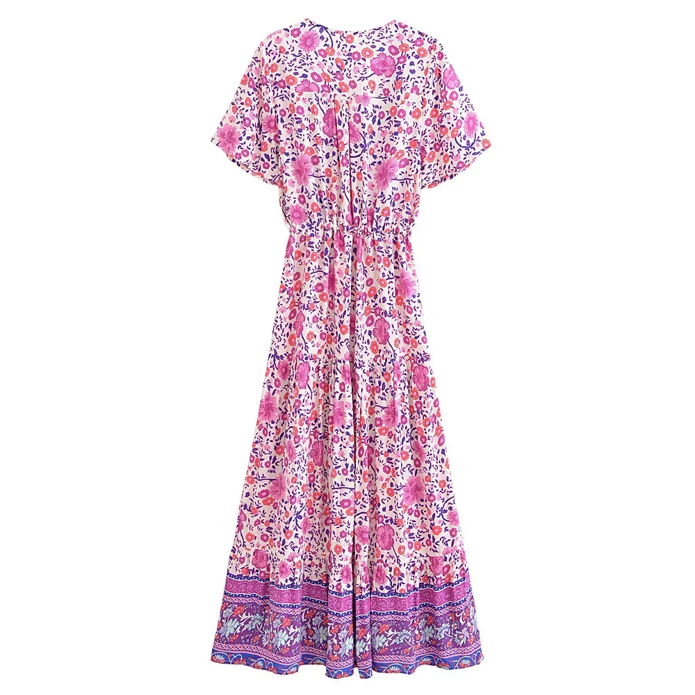 Boho Queens Vintage Women Purple Floral Print Short Sleeve Tassel Ruffles Bohemian Maxi Dresses Ladies V-neck Rayon Boho Dress